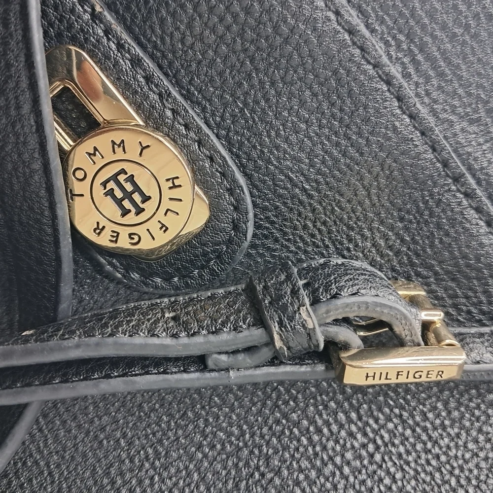 Tommy Hilfiger Black Satchel Shoulder Crossbody Bag | Gold Monogram | Classic
